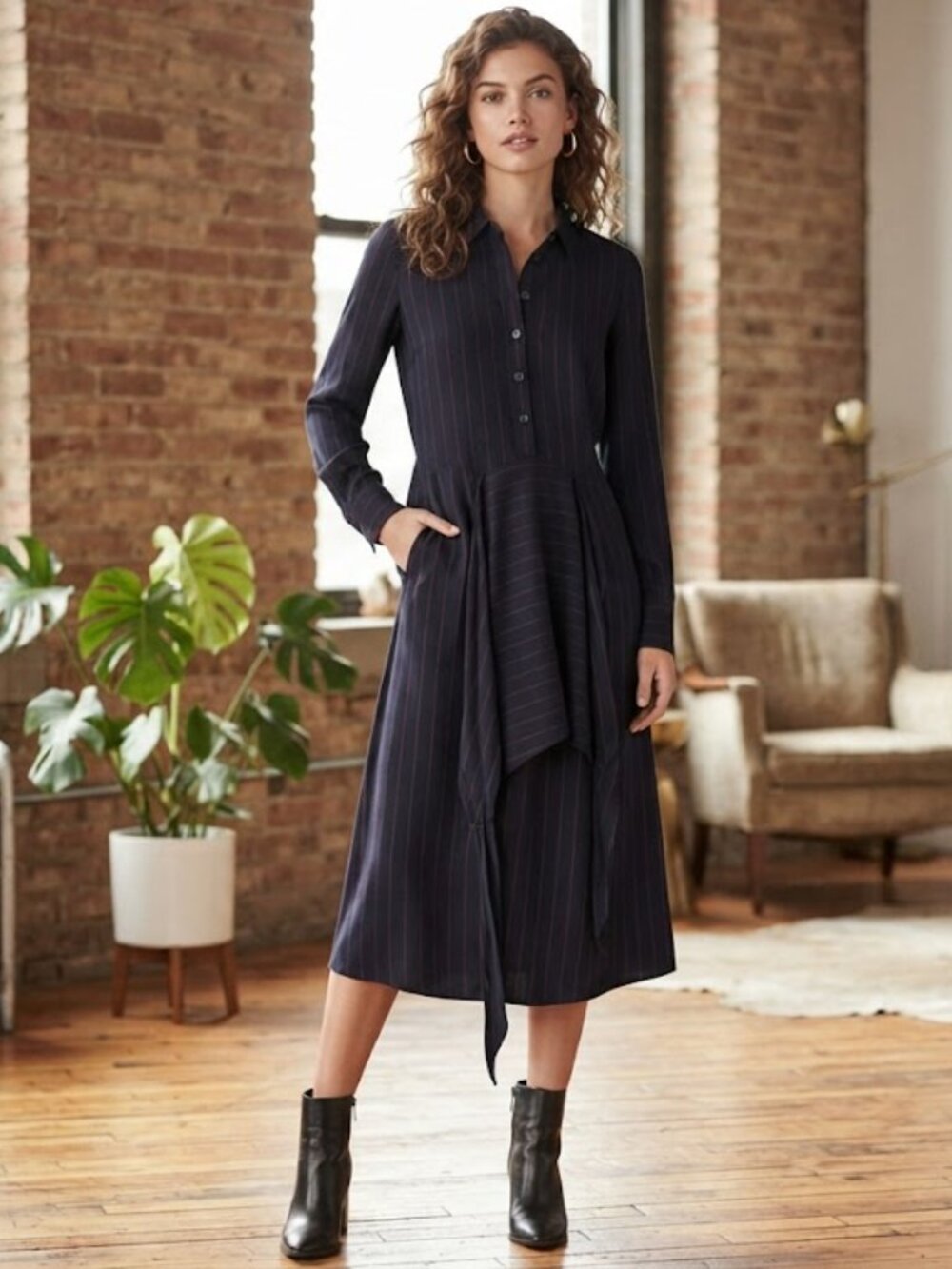Express Midi Wrap Shirt Striped Long Sleeve Dress